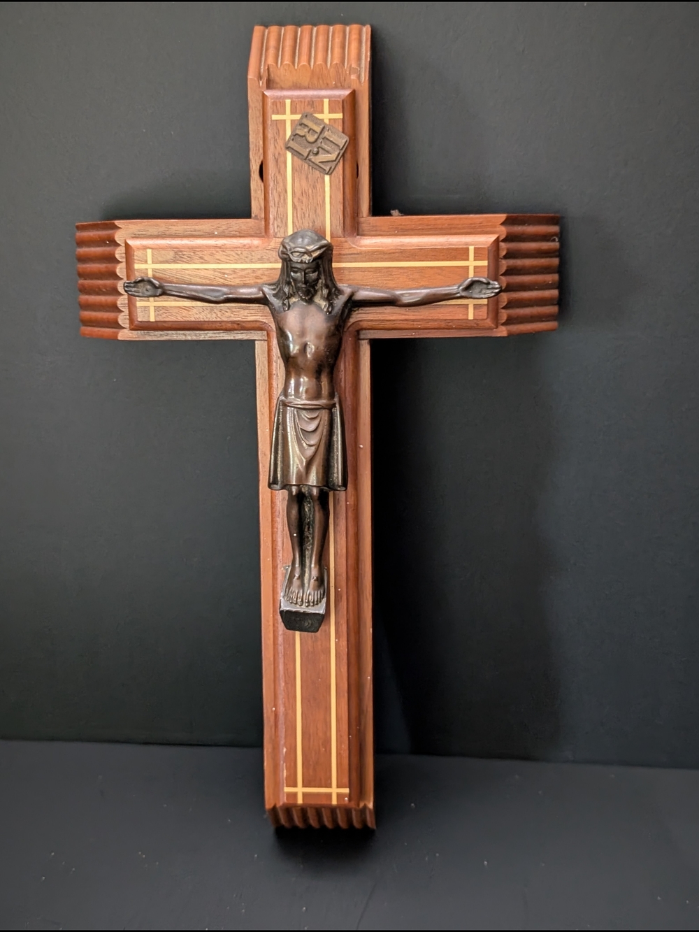 Vintage wooden crucifix holy water candle compartment 8-2026